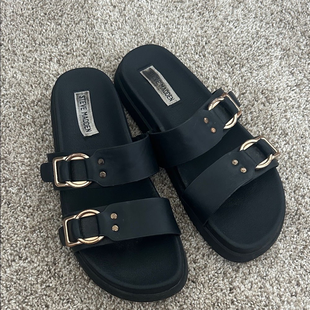 Steve Madden Black Sandals with Gold Buckles